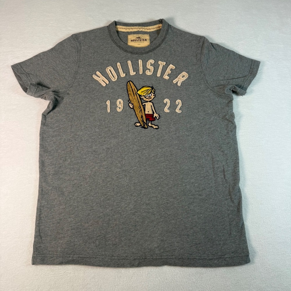 Hollister Surf Graphic T-Shirt Mens Large Gray Cotton Y2K Embroidered Applique